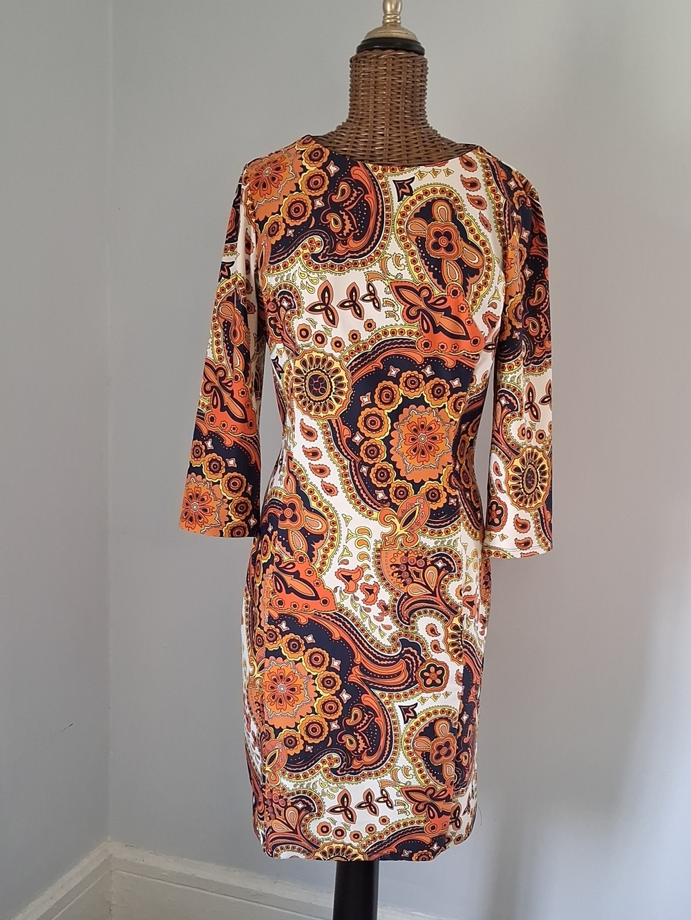 Jude Connally Orange, Cream and Black Paisley Long-Sleeve Sheath Dress